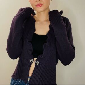 Vintage purple angora rabbit hair and wool blend ruffle cardigan